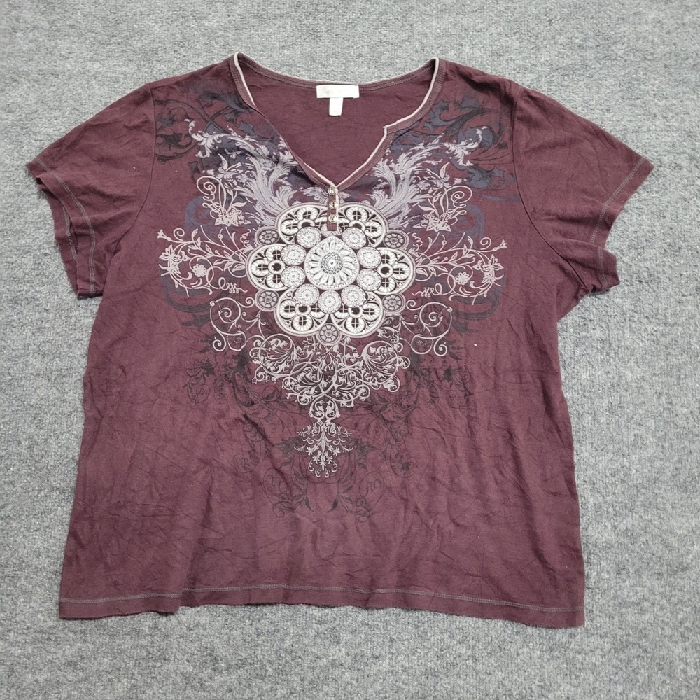 Dressbarn Top Womens Size 2X Burgundy Cotton Graphic Short Sleeve USA Made